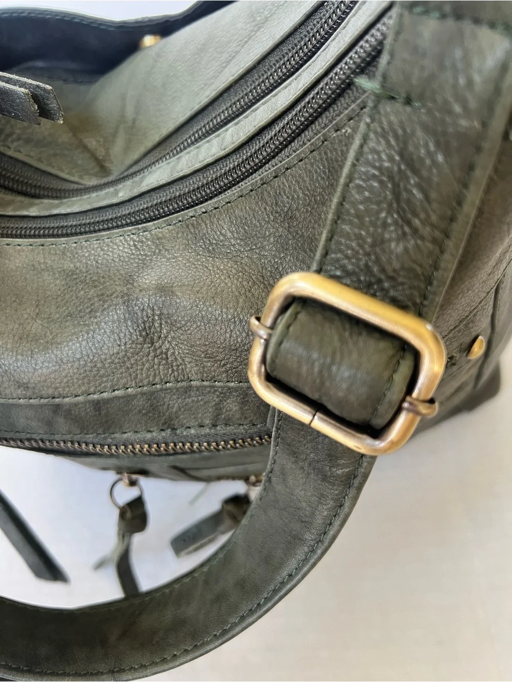 Great American LeatherWorks Slate Green Washed Leather Multi-Pocket Hobo Bag